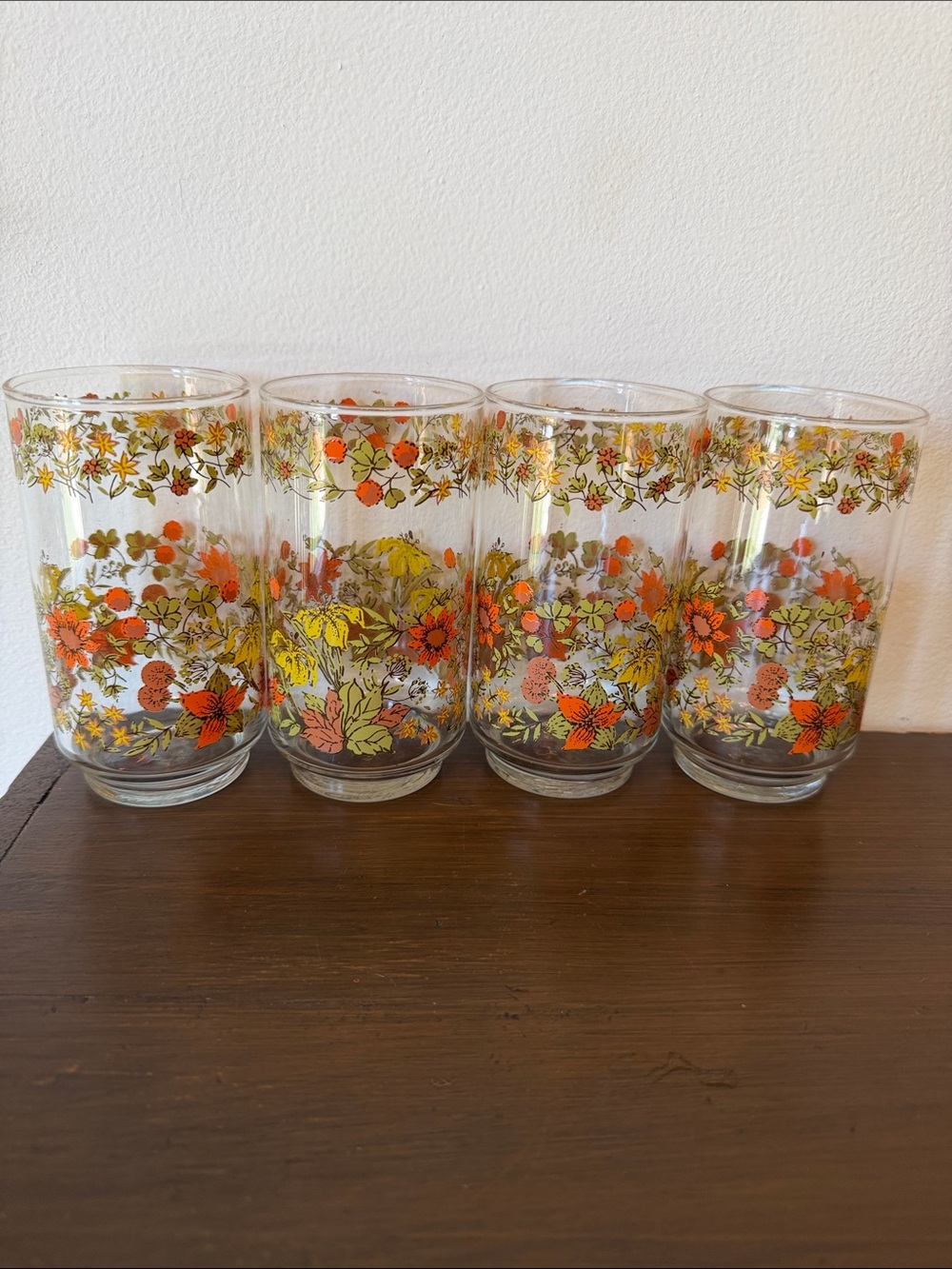 Vintage Libbey Indian Summer Floral Orange and Yellow Glass Tumbler Set